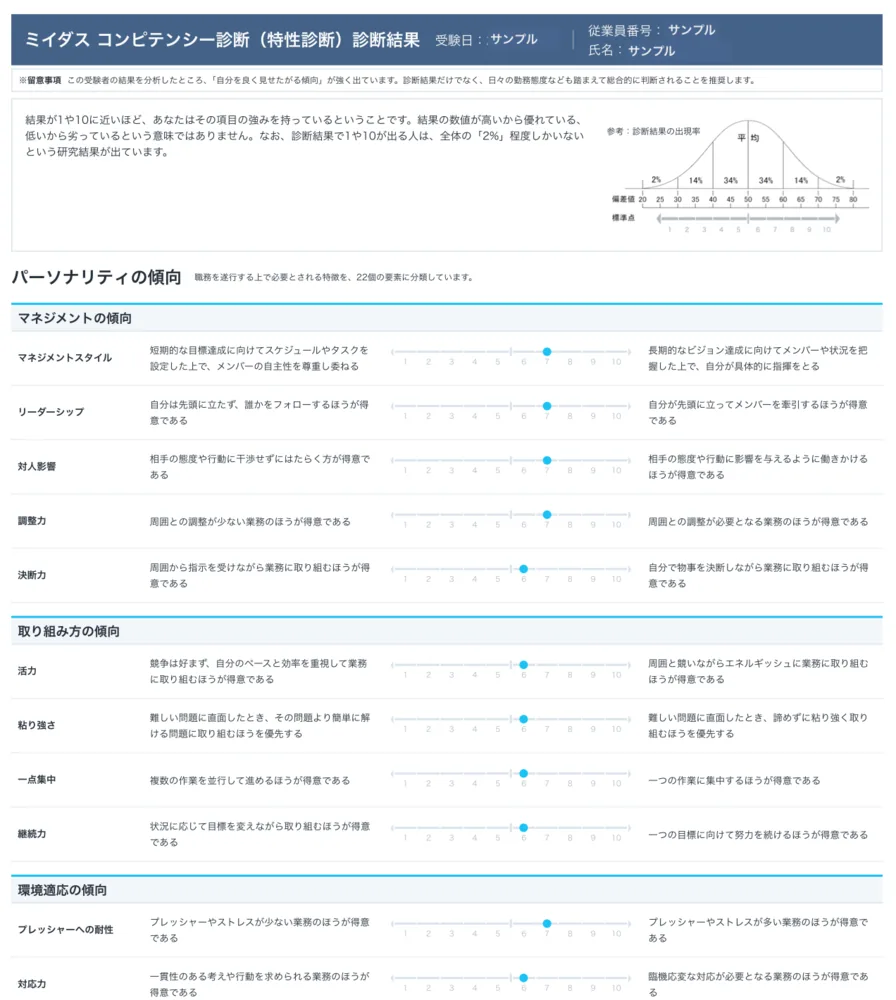 ミイダス コンピテンシー診断の結果画面（強み・適性）