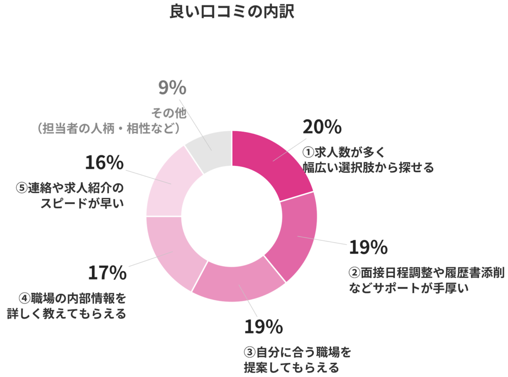 レバウェル看護の良い口コミの内訳円グラフ：求人数の多さ20%、サポートの手厚さ19%、職場提案の的確さ19%、内部情報の詳しさ17%、連絡・紹介のスピード16%、その他9%