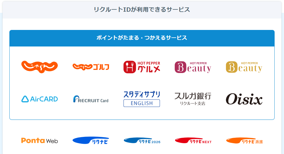 リクルートIDが利用できるサービス一覧