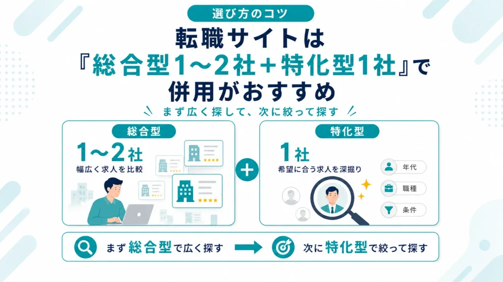 転職サイト選びで迷ったら「総合型1〜2社+特化型1社」を併用する