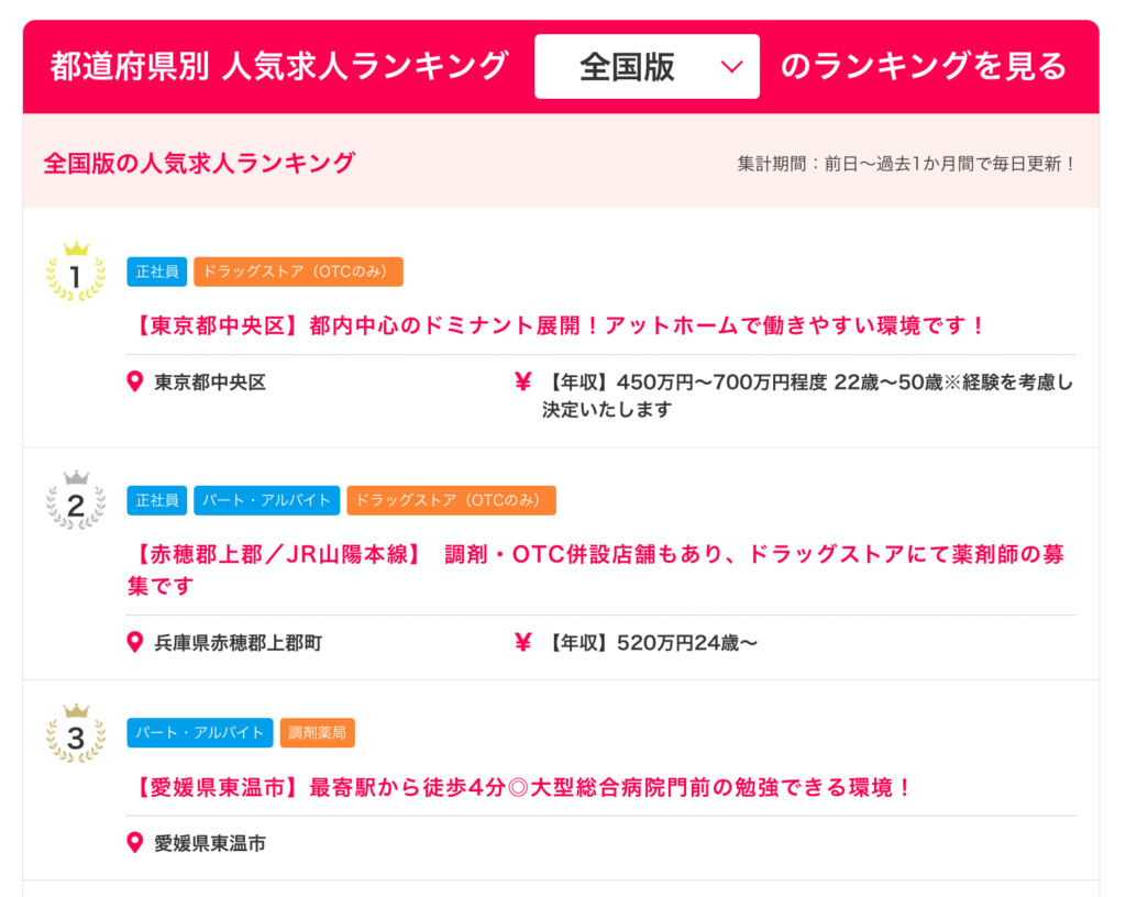 マイナビ薬剤師「人気求人ランキング」ページスクショ
