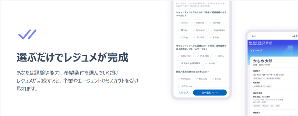 リクルートダイレクトスカウトのレジュメ作成画面