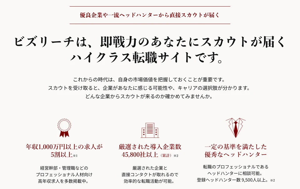 ビズリーチ公式サイトの特徴(厳選された導入企業数45,800社以上・企業と直接コンタクトが取れる)